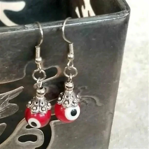 Hand Crafted Evil Eye Red Lampwork Glass Beads Protective Talisman Drop Earrings - Picture 1 of 5